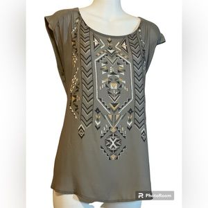Reitman’s Sleeveless Summer Top Green & Black w/Gold Embellishments
